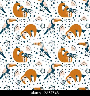 Modèle sans couture avec mignon des paresseux, des toucans et pastèque sur fond blanc. Dans le quartier branché d'impression exotiques couleurs scandinave. Vector illustration. Illustration de Vecteur