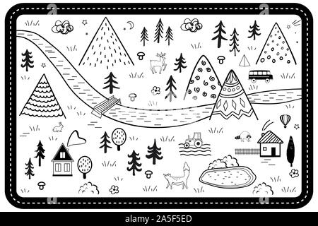 Cute Vector scandinave dessiné à la main avec motif transparent des maisons, les animaux, les arbres, et les montagnes. Contours nature paysage. Parfait pour les enfants tapis route Illustration de Vecteur