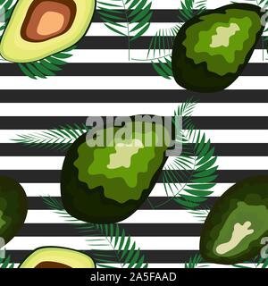 Profil de transparente avocat avec feuilles de palmier dypsis lutescens sur un fond rayé. Illustration de Vecteur