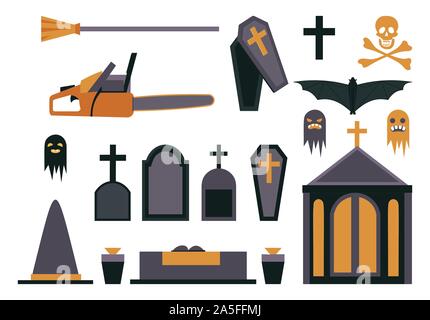 Symboles d'Halloween télévision illustrations vectorielles. Cimetière hanté éléments design isolé sur fond blanc. Les pierres tombales, cercueils, peur des fantômes, chauve-souris vampire, crypt, chapeau de sorcière et balai Illustration de Vecteur