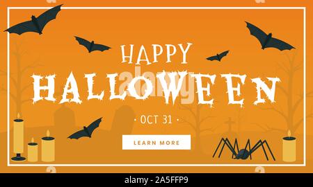 Happy Halloween bannière web modèle de scénario. La saison des fêtes traditionnelles de l'automne, à l'atterrissage de l'affiche internet mise en page. Des chauves-souris vampire creepy, araignées et des bougies avec illustration typographie Illustration de Vecteur