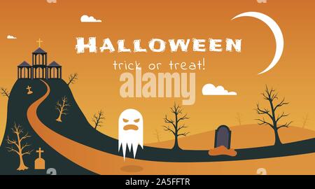 Halloween de vecteur bannière télévision modèle. Maison de vacances saisonnières carte postale, carte de vœux traditionnels de la mise en page. Creepy maison hantée de fantômes illustration avec trick or treat typographie Illustration de Vecteur