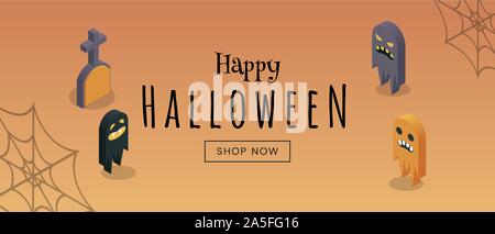 Holiday shopping vente Modèle de page web. Happy Halloween landing page concept, saison d'automne traditionnelle promotions promotion. Fantômes fantasmagorique et illustration isométrique tombstone avec typographie Illustration de Vecteur