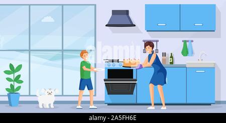 Gâteau de cuisson personnes télévision vector illustration. Femme et enfant dans la cuisine ensemble de personnages de dessins animés. Maman de prendre des produits de pâtisserie du four, la mère et le fils dessert cuisine Illustration de Vecteur