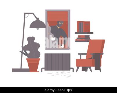 Vacances vols, faciliterez ainsi télévision vector illustration. Cambrioleur dangereuses avec crowbar, voleur en masque de ski personnage. Dans le déguisement criminel en rupture house par la fenêtre, un délit Illustration de Vecteur