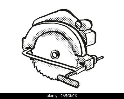 Retro cartoon style dessin d'une scie circulaire, un outil électrique ou de l'équipement isolé sur fond blanc en noir et blanc Banque D'Images