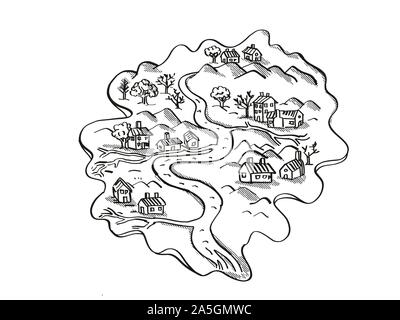 Retro cartoon style dessin d'une vintage fantasy ou trésor carte montrant une île avec River et maisons isolées sur fond blanc fait dans un noir Banque D'Images