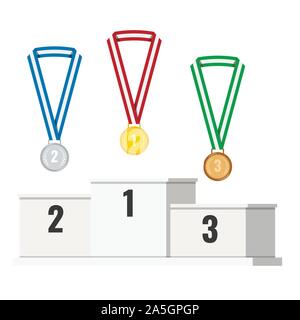 Ensemble de gagnant blanc avec podium, nombre d'or, médaille d'argent, médailles de bronze avec ruban dénudé isolé sur fond blanc. Illustration de Vecteur