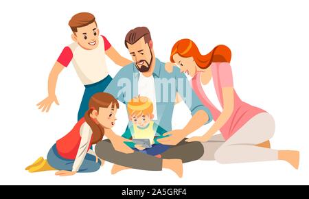 Cheerful jeune famille avec enfants rire regarder vidéo drôle sur smartphone siégeant ensemble, des parents d'enfants bénéficiant de jeu ou Illustration de Vecteur