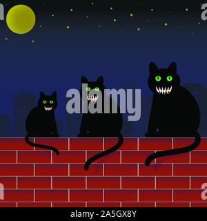 Les chats de la famille avec des yeux verts et effrayant visages assis sur mur de brique en ville. Thème Halloween illustration vectorielle. Illustration de Vecteur