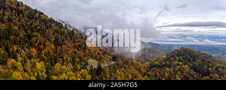 Vue aérienne d'un drone misty foggy mountain road qui serpente à travers le forêt d'automne dans les Alpes, Montagnes du Jura. Banque D'Images