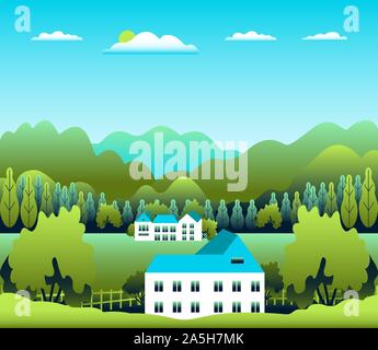 Les collines et montagnes paysage, house farm en télévision style design. Panorama plein air campagne illustration. Champ vert, arbre, forêt, ciel bleu et soleil Illustration de Vecteur