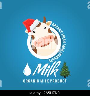 Drôle de tête de vache dans un cercle avec joyeux Noël ou Nouvel an concept pour la conception de votre logo. Cartoon style vector illustration. Illustration de Vecteur
