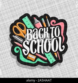 Logo vectoriel pour l'école, signer avec ensemble d'accessoires d'écriture et le caractère original des mots retour à l'école, sur l'étiquette avec checkered background c Illustration de Vecteur