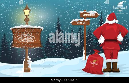 Le Père Noël à la flèche avec un paysage d'hiver et les flocons de neige. Lampe de rue et joyeux noël par écrit. Vector illustration. Illustration de Vecteur
