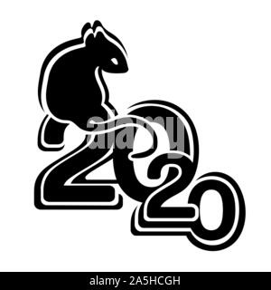 L'icône de 2020, Bonne Année, logo carte , symbole de l'année d'après le calendrier chinois de l'Est, bannière, vector illustration monochrome. Rat noir Illustration de Vecteur