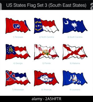 Les États du sud-est américain. Il comprend les drapeaux de New York, Caroline du Nord et du Sud, Géorgie, Floride, Alabama, Mississippi, l'Arkansas n Louisi Illustration de Vecteur