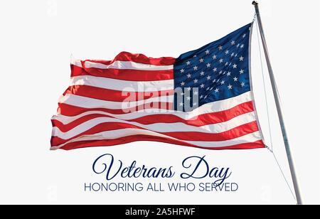Maison de vacances Journée des anciens combattants de bannière avec un drapeau américain sur l'arrière-plan. Illustration de Vecteur