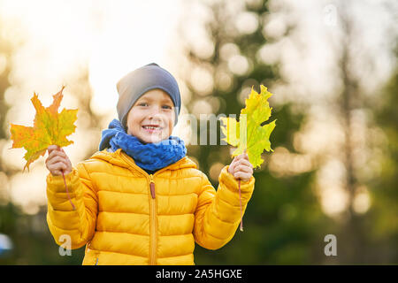 Heureux l'enfant garçon jouant à l'extérieur à l'automne Banque D'Images