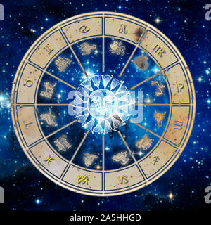 Roue d'astrologie avec tous les signes du zodiaque Banque D'Images
