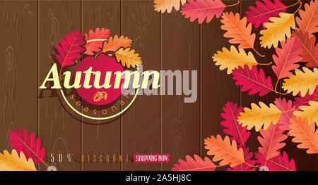 Les feuilles d'automne et de l'icône sur bois design Illustration de Vecteur