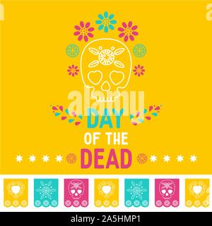 Fête des morts, Dia de los muertos fond jaune, bannière carrée, carte de vœux. Vector illustration avec crâne en sucre ou calavera, fleurs Illustration de Vecteur