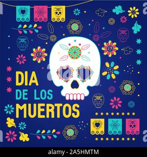 Fête des morts, Dia de los muertos fond bleu, bannière carrée, carte de vœux. Vector illustration avec crâne en sucre ou calavera, fleurs et texte, Illustration de Vecteur