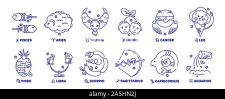 Vector set d'enfants signes du zodiaque, les étoiles, les constellations de couleur bleue sur fond blanc. Logo, tatouage ou d'illustration. Prévisions astrologiques, horoscop Illustration de Vecteur