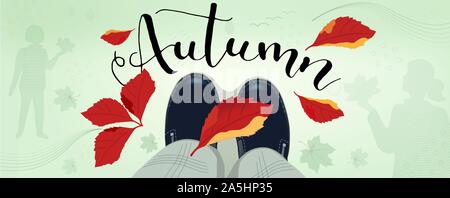 Vector illustration d'automne, le couvercle ou le site web de l'arrière-plan. Vue d'en haut sur les jambes, des bottes à la chute des feuilles de vigne sauvage et d'érable. Silhouet transparent Illustration de Vecteur