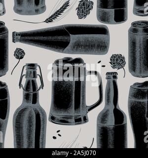 Modèle sans couture à la main avec du seigle, stylisé hop, bière, bouteilles de bière, l'aluminium peut images illustrations Illustration de Vecteur