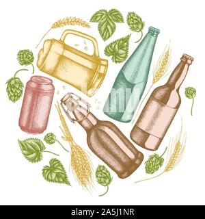 Floral design ronde pastel avec du seigle, hop, chope de bière, des bouteilles de bière, l'aluminium peut images illustrations Illustration de Vecteur