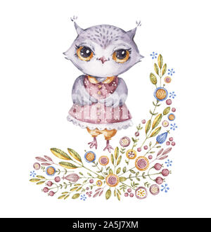 Cute owl aquarelle dans un style enfantin. Hand drawn cartoon oiseau avec fleur cadre pour la couverture de la carte. Illustration à l'aquarelle de caractère de conte de fées Banque D'Images