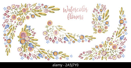 Composition de fleurs Aquarelle et frontières,set isolé sur fond blanc. Bouquet de fleurs Aquarelle, faites à la main. Fleurs peintes à la main avec lette Banque D'Images