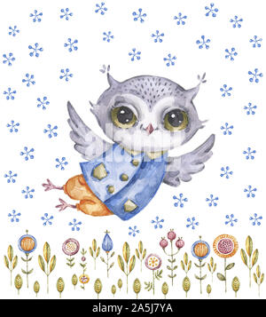 Cute owl aquarelle et fleurs sauvages dans un style enfantin isolé sur fond blanc. Illustration à l'aquarelle à la main avec cartoon oiseau, invitation ca Banque D'Images