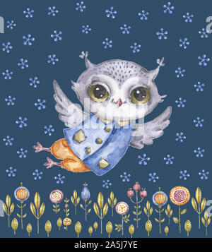 Cute owl aquarelle dans un style enfantin, floral background. Illustration avec la main d'oiseaux et de fleurs, dessin de la carte pattern Banque D'Images