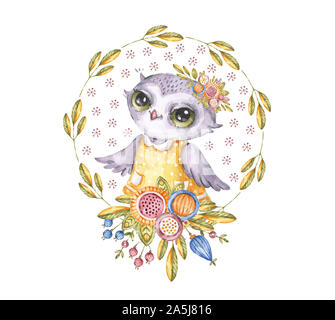 Cute owl aquarelle dans circle flower wreath, style enfantin. Caricature peinte à la main dans la ronde des oiseaux floral frame pour couvrir la carte Banque D'Images