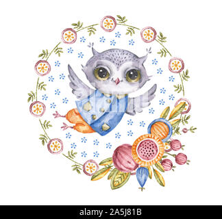 Cute owl aquarelle dans circle flower wreath, style enfantin. Aquarelle peinte à la main dans la ronde des oiseaux cartoon floral frame pour couvrir la carte Banque D'Images