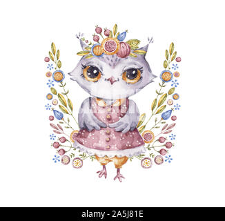 Cute owl avec composition de fleurs aquarelle dans le style enfantin isolé sur fond blanc. Illustration à l'aquarelle à la main avec cartoon oiseau, invi Banque D'Images