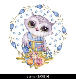 Cute owl aquarelle dans circle flower wreath, style enfantin. Aquarelle peinte à la main dans la ronde des oiseaux cartoon floral frame pour couvrir la carte Banque D'Images