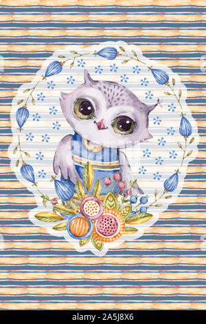 Cute owl aquarelle cercle en forme de fleur, de style enfantin, le bar d'arrière-plan. Aquarelle peinte à la main dans la ronde des oiseaux cartoon cadre floral pour la carte Banque D'Images