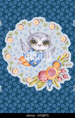 Cute owl aquarelle en cercle de fleur, de style enfantin, des cristaux de l'eau sur fond bleu, peint à l'illustration. Oiseau de cartoon Aquarelle rou Banque D'Images