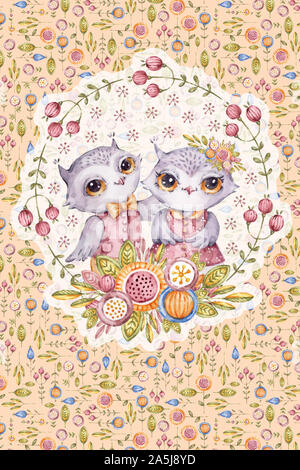 Cute owl aquarelle en cercle de fleur, de style enfantin, floral, fond peint à l'illustration. Cartoon Aquarelle oiseau en botanique ronde fra Banque D'Images