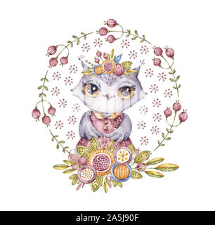 Cute owl aquarelle dans circle flower wreath, style enfantin. Aquarelle peinte à la main dans la ronde des oiseaux cartoon floral frame pour couvrir la carte, fairytale chara Banque D'Images