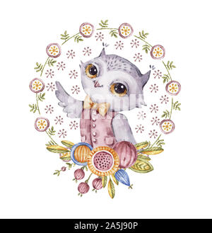 Cute owl aquarelle dans circle flower wreath, style enfantin. Aquarelle peinte à la main dans la ronde des oiseaux cartoon floral frame pour couvrir la carte, fantaisie charact Banque D'Images