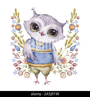 Cute owl aquarelle et fleurs dans le style enfantin isolé sur fond blanc. Illustration à l'aquarelle à la main avec cartoon oiseau, carte d'invitation c Banque D'Images