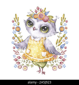 Cute owl aquarelle fleurs et couronne en style enfantin isolé sur fond blanc. Illustration à l'aquarelle à la main avec cartoon oiseau, invitatio Banque D'Images