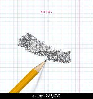 Népal carte dessinée gribouillis croquis sur papier de l'ordinateur portable de l'école à damiers arrière-plan. Hand drawn vector map du Népal. Crayon 3D réaliste. Illustration de Vecteur