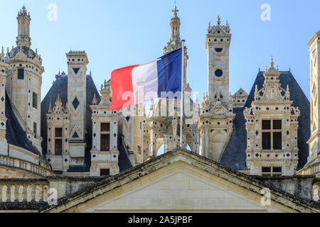 France, Loir et Cher, vallée de la Loire classée au Patrimoine Mondial de l'UNESCO, Chambord, le château royal, le pavillon de la France, les toits et les cheminées // France, Loir-et-C Banque D'Images