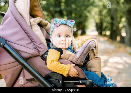 Happy girl in baby carriage jouant dans la pram sur fond nature. Portrait jolie petite belle fille de 9 mois et la poussette en position assise ou en attente de Banque D'Images