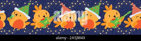 Vector cartoon design frontaliers avec robins à jouer de la guitare et chanter. Motif transparent sur fond bleu nuit avec des étoiles. Noël grand pour tous les Illustration de Vecteur